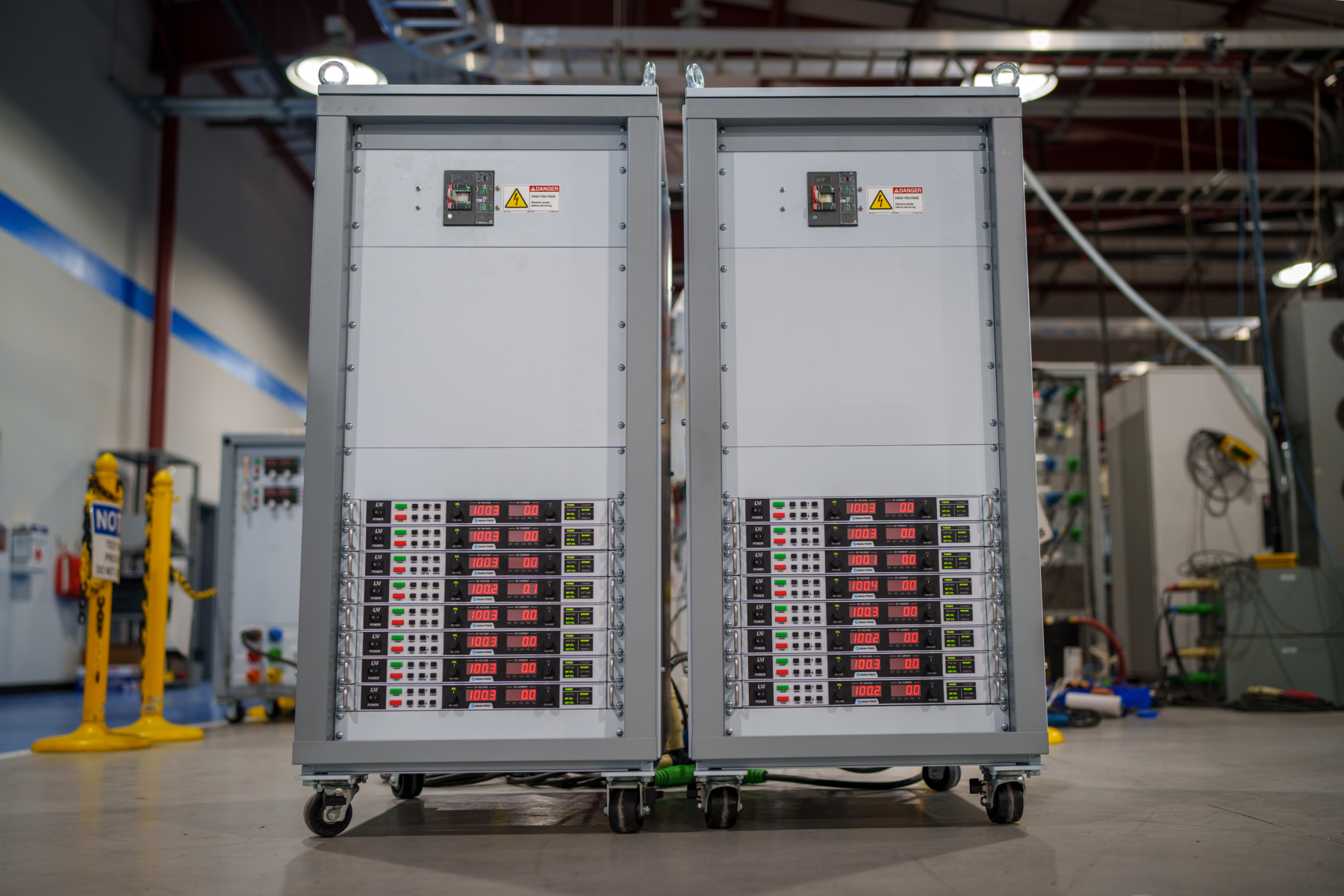 Sixteen 10 kW SL Series power supplies integrated into two standard 24U Magna-Power rack enclosures.