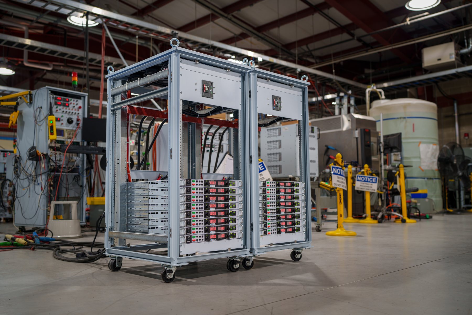 Pre-testing of rack integration before adding panels and covers.
