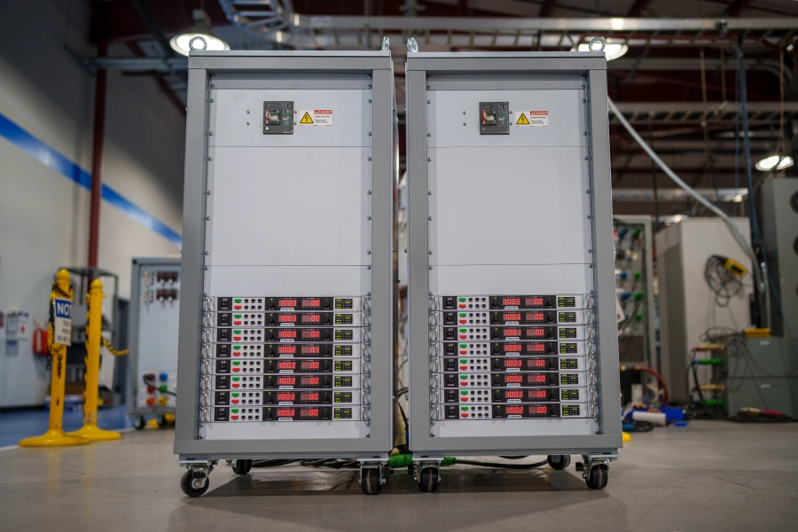 Sixteen 10 kW Power Supplies Integrated with High-Power DC Output Plug Connectors