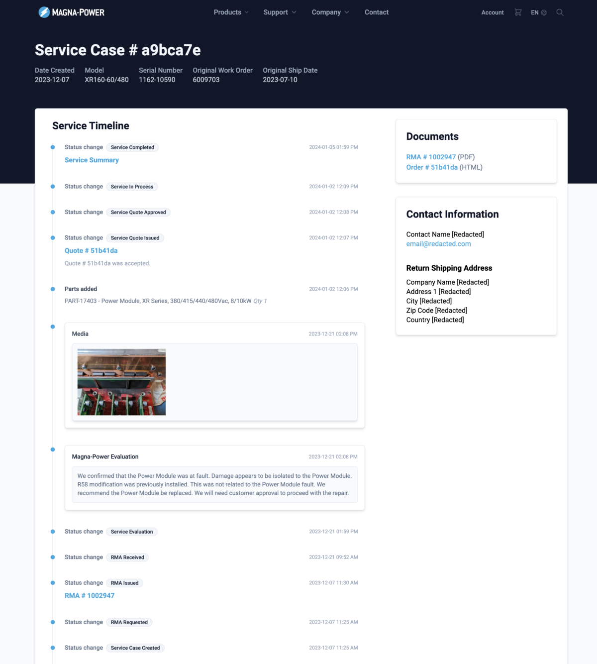 An excerpt from a real service case timeline from a Magna-Power's new Service Management platform