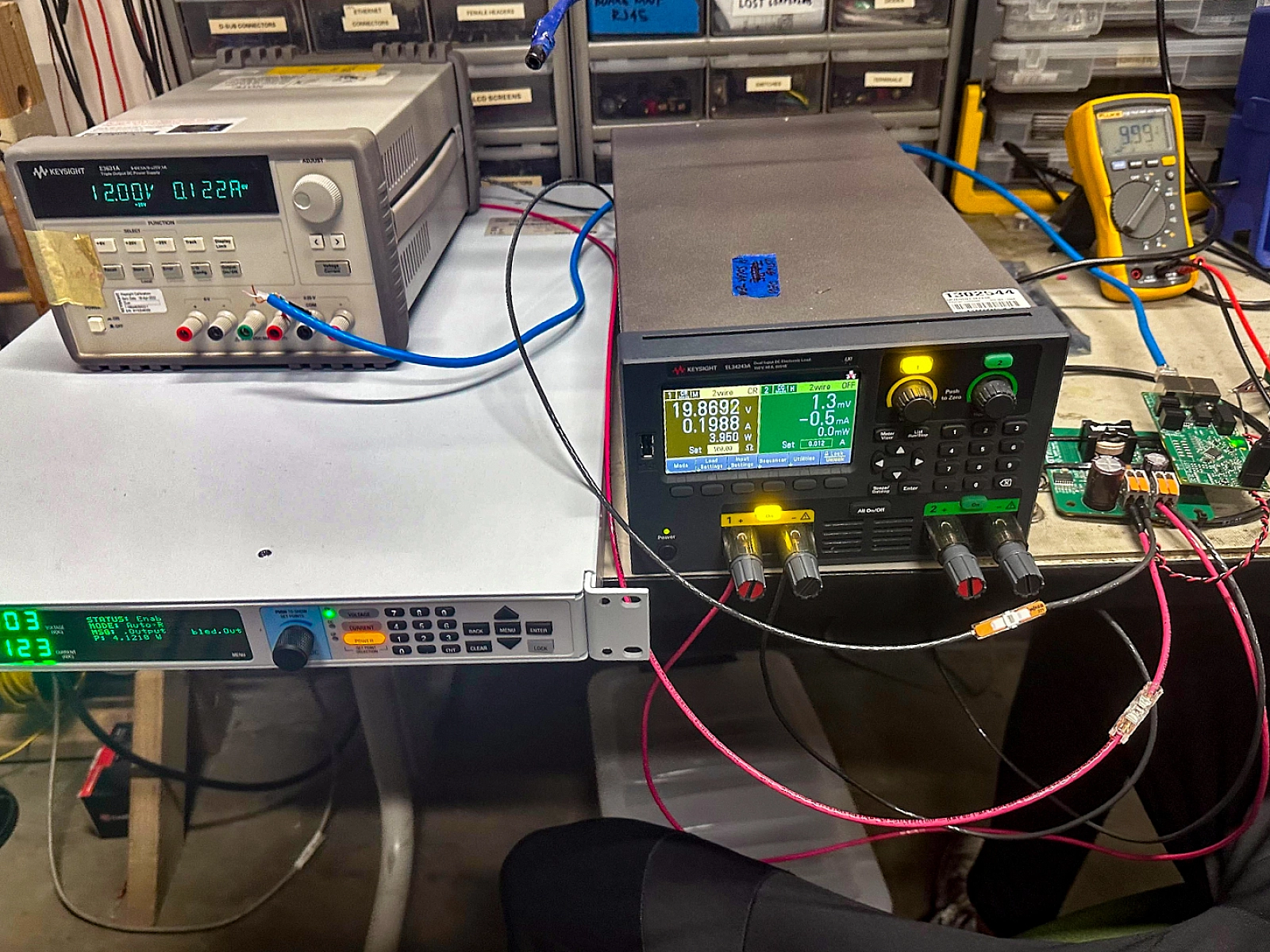 An SLx Series power supply is used as a simulated input power source for Custom Maximum Power Point Tracker testing, alongside a Keysight power source and electronic load.