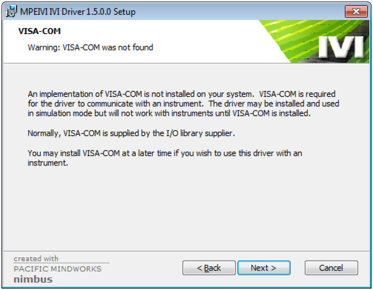 Figure 1. MPE-IVI Driver error if IVI Foundation Components are not installed.