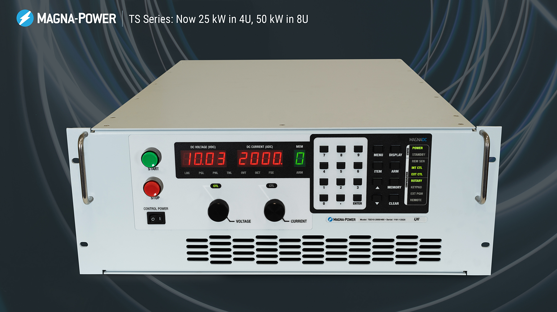 Upgraded TS Series, providing up to 20 kW and 25 kW in 4U with current up to 2000 Adc, and 40 kW and 45 kW in 8U with current up to 4000 Adc (25 kW 4U TS Series pictured)